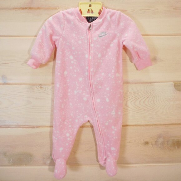Nike Other - Nike Sleeper Baby Girl size 6M Pink with White Dots Zip-up Footed Cozy Fleece
